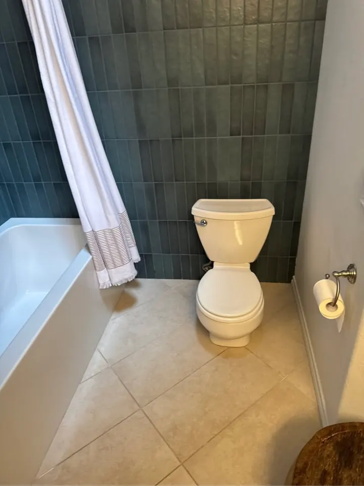 Bathroom with a toilet and bathtub against green tile